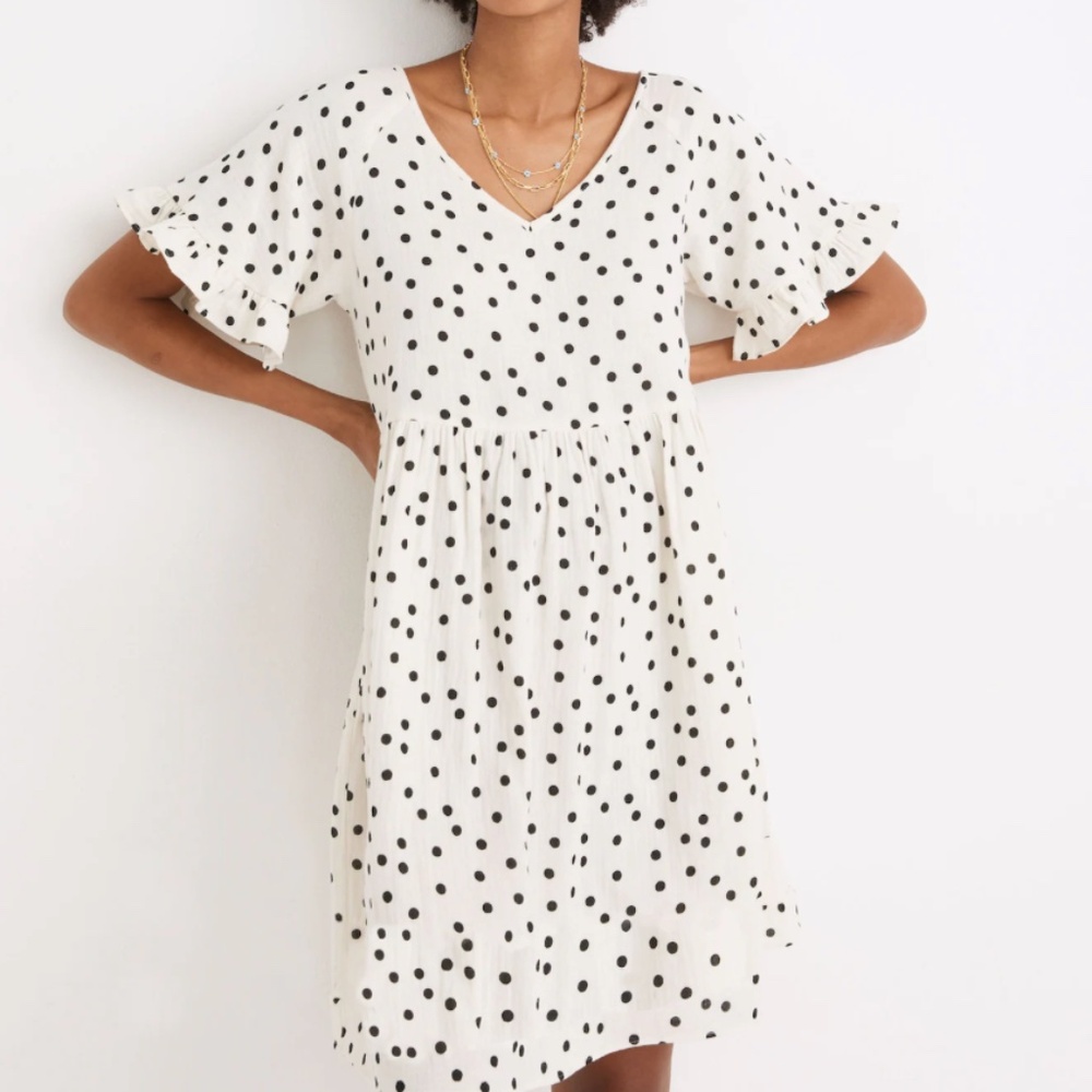 Madewell Lightspun Ruffle-Sleeve Babydoll Dress in Dot Toss